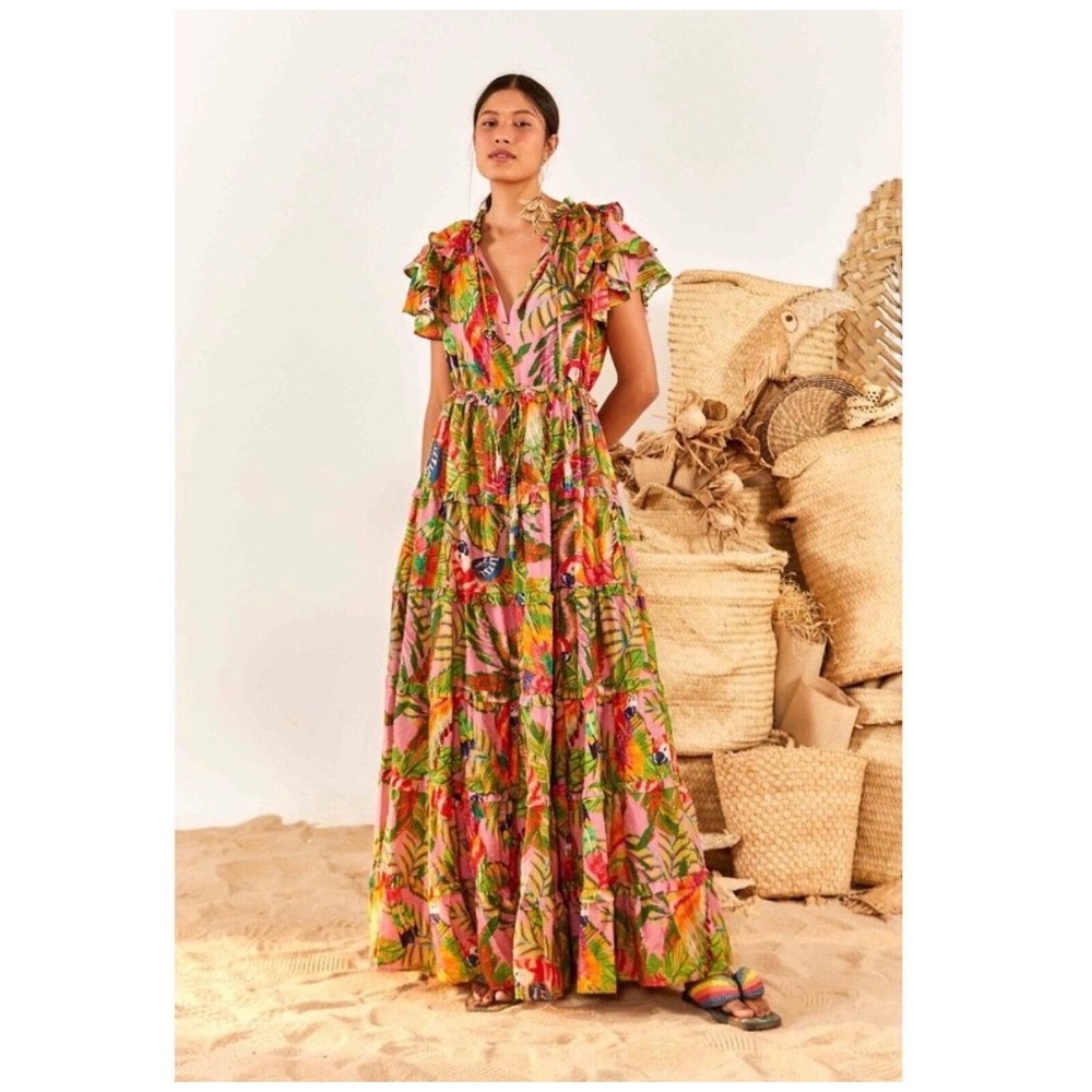 Farm Rio Pink Tropical Parrot Tiered Maxi Dress Flutter Sleeve Womens Size L - Picture 10 of 10